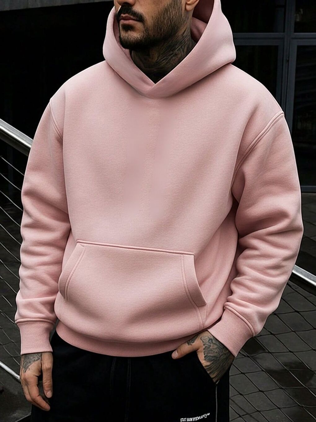 Erkek Pembe Bol Kalıp Sweatshirt Uzun Kollu Hoodie