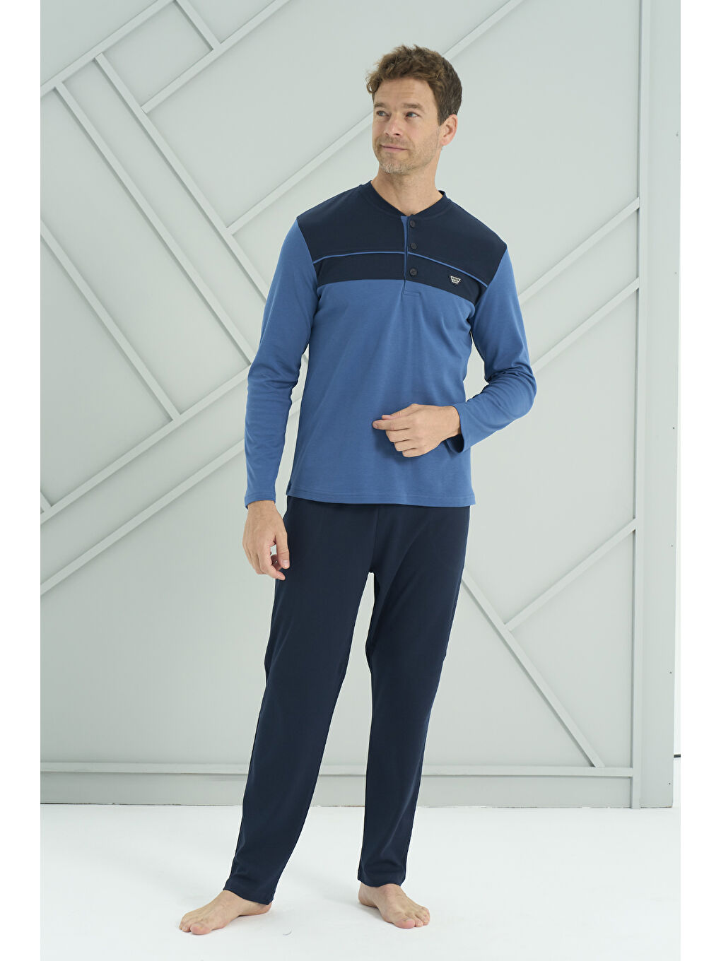 Mavi Erkek Interlok Penye Uzun Kol Pijama Takımı 2213 Saks-1