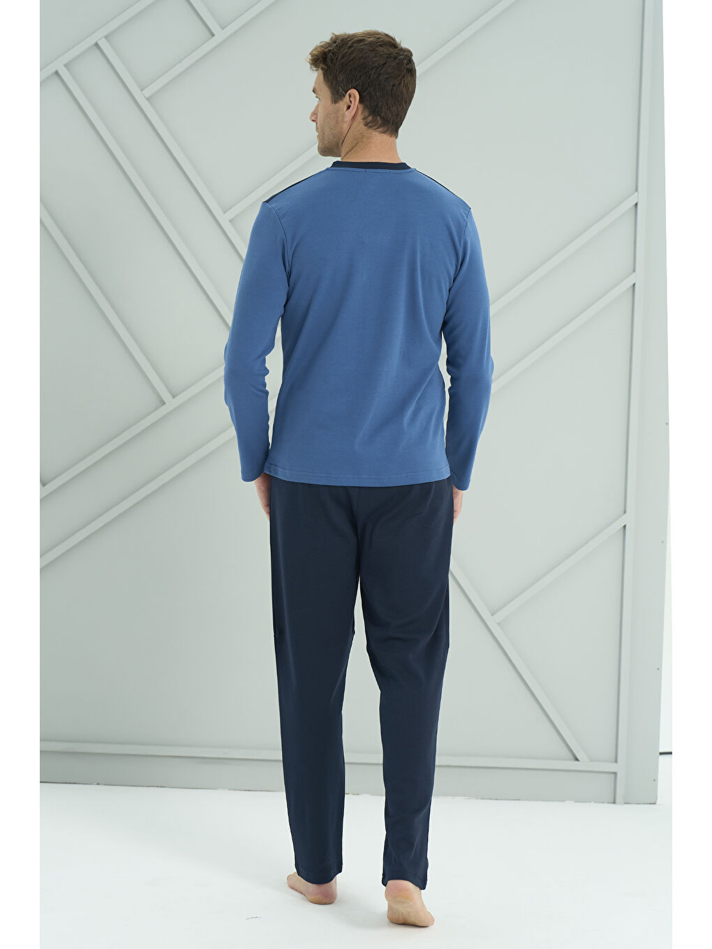 Mavi Erkek Interlok Penye Uzun Kol Pijama Takımı 2213 Saks-2