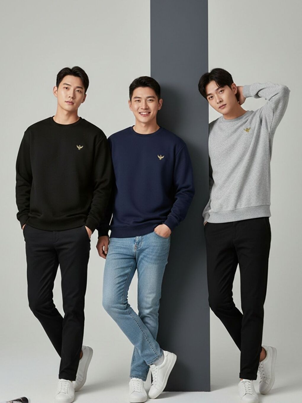 Karışık 3Lü Siyah Lacivert Gri Golden Wing Baskılı Oversize Bisiklet Yaka Uzun Kollu Sweatshirt