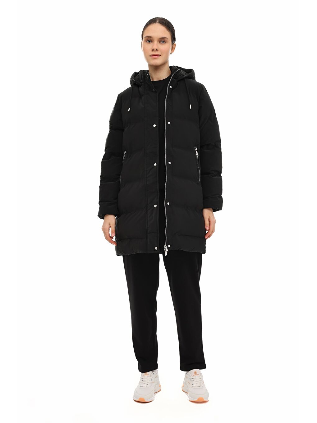 WL 3CROWN 5PR Siyah Kadın Uzun Kaban-2