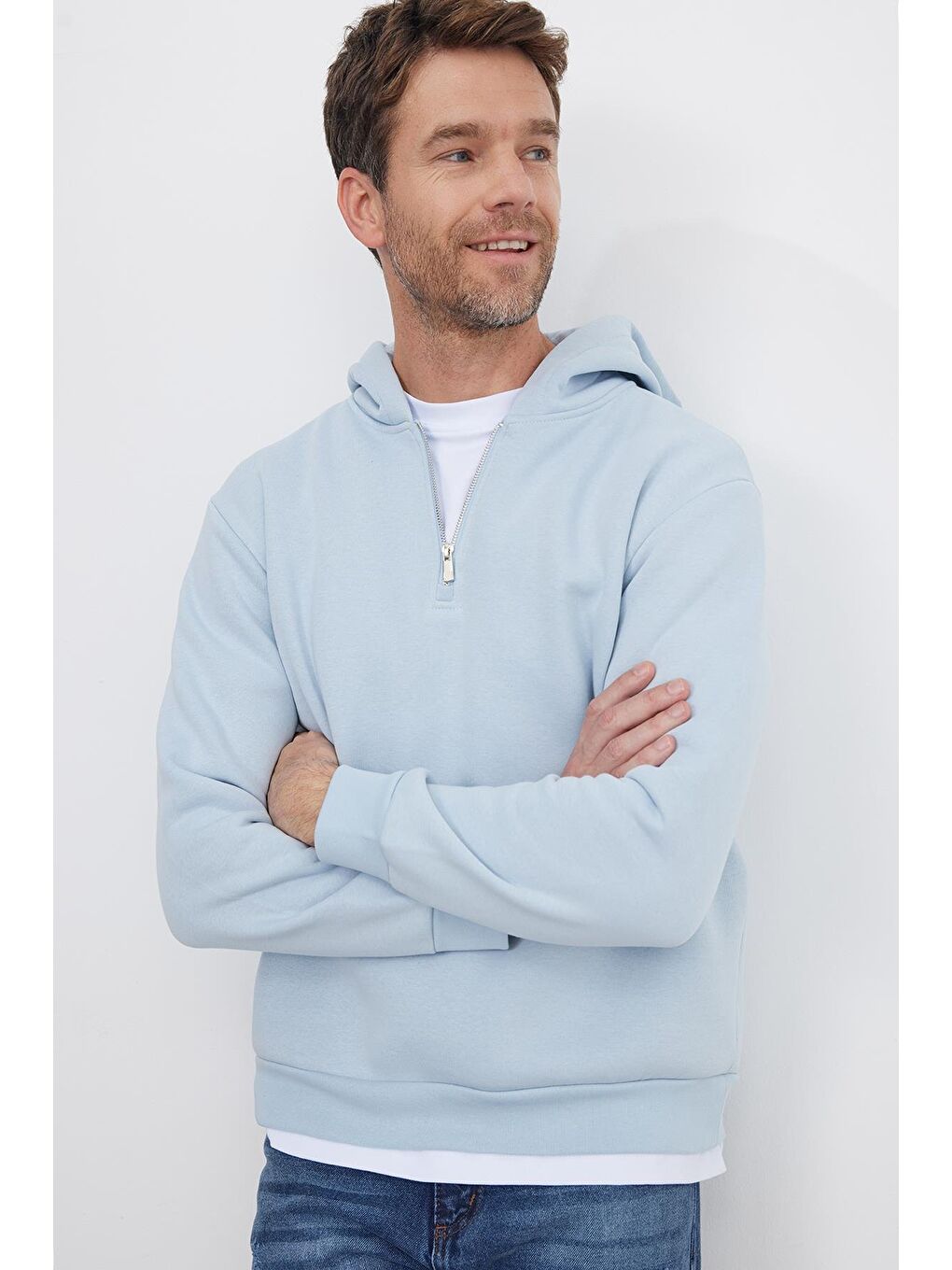 Unisex Relax Fit Rahat Kesim Pamuklu İçi Polarlı Yarım Fermuarlı Mavi Kapüşonlu Sweatshirt