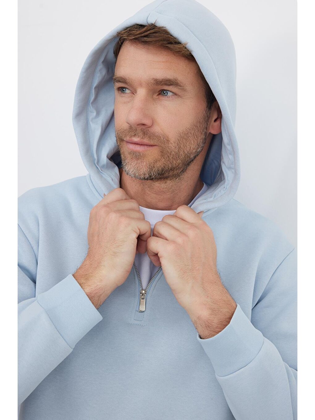 Unisex Relax Fit Rahat Kesim Pamuklu İçi Polarlı Yarım Fermuarlı Mavi Kapüşonlu Sweatshirt-1