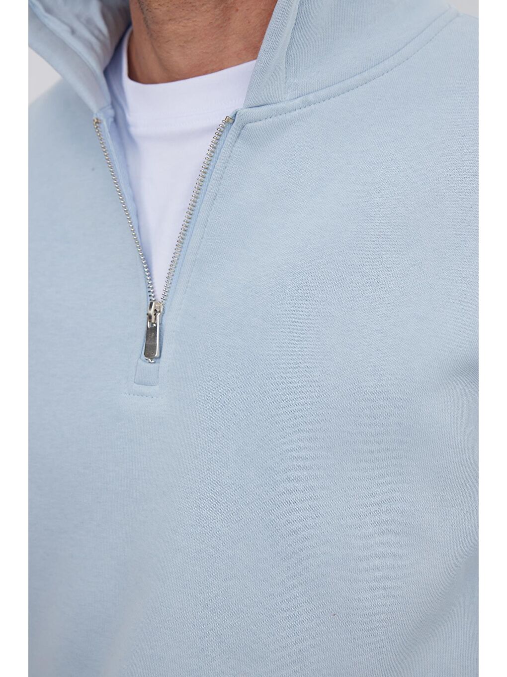 Unisex Relax Fit Rahat Kesim Pamuklu İçi Polarlı Yarım Fermuarlı Mavi Kapüşonlu Sweatshirt-2