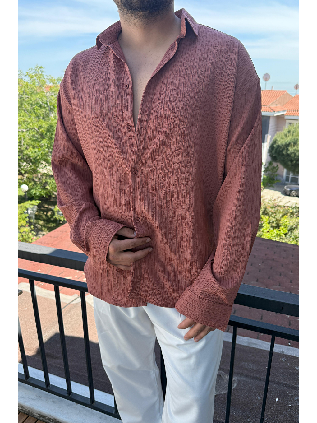 Kahverengi Tam Kalıp Bürümcük Kumaş Gömlek Zümrüt Kiremit