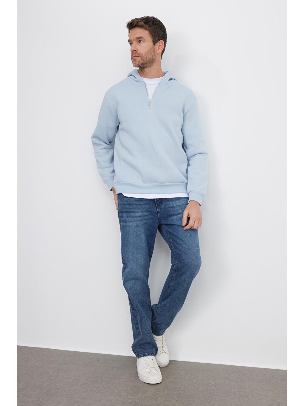 Unisex Relax Fit Rahat Kesim Pamuklu İçi Polarlı Yarım Fermuarlı Mavi Kapüşonlu Sweatshirt-3