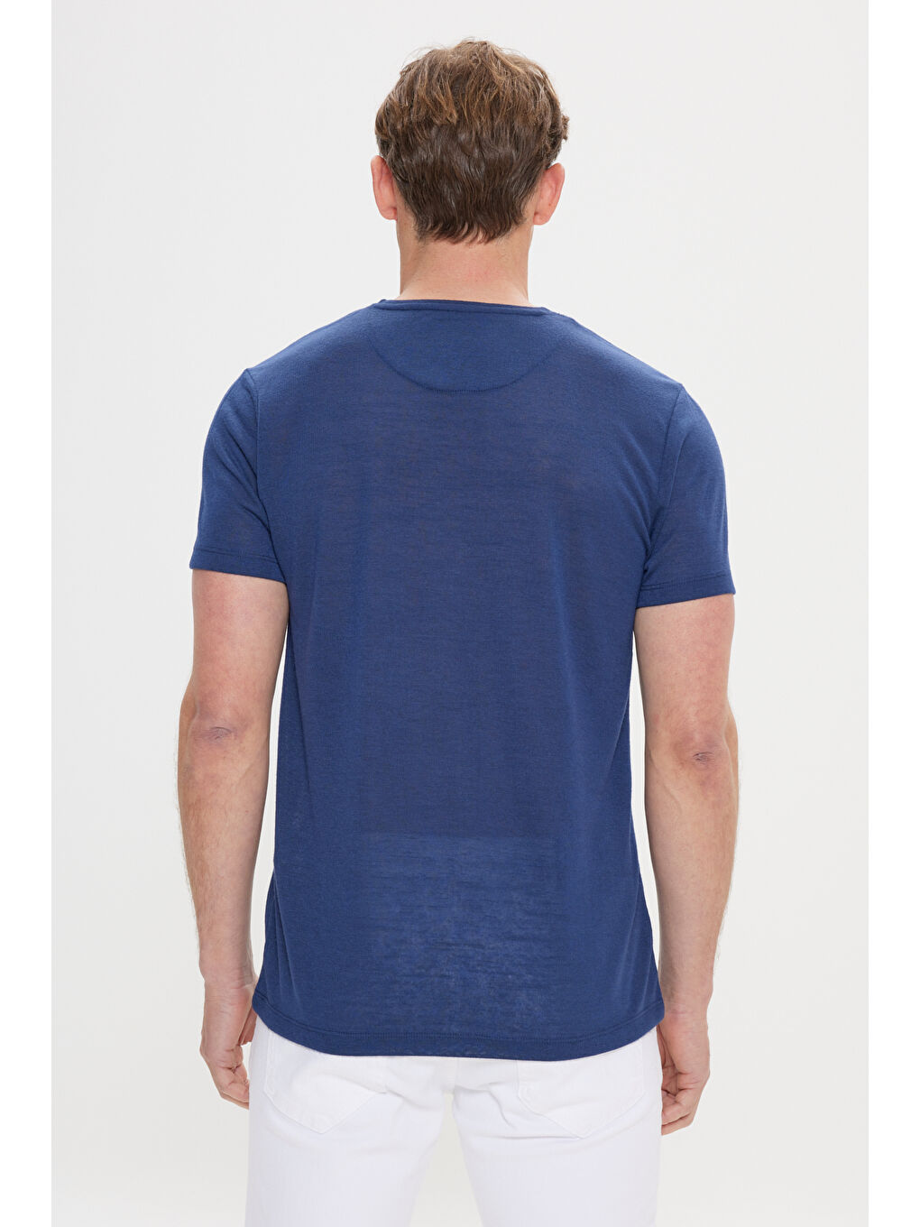 Erkek Lacivert Slim Fit Dar Kesim Bisiklet Yaka Kısa Kollu Keten Görünümlü Tişört-3