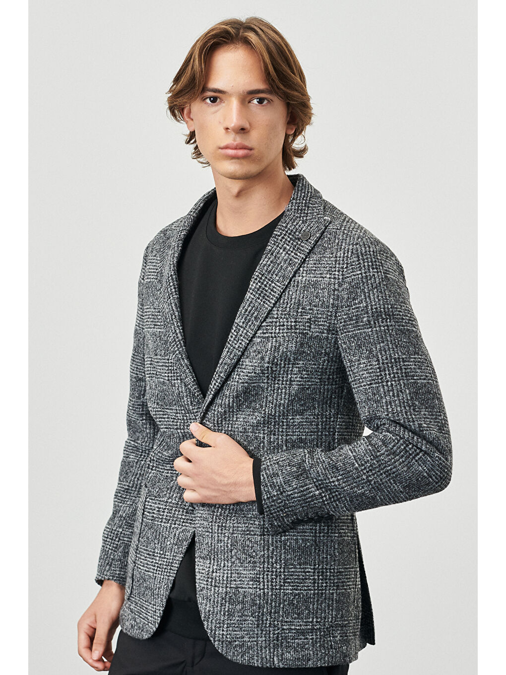 Erkek Siyah-Gri Slim Fit Dar Kesim Kırlanıgıç Yaka Ekose Desenli Yünlü Ceket