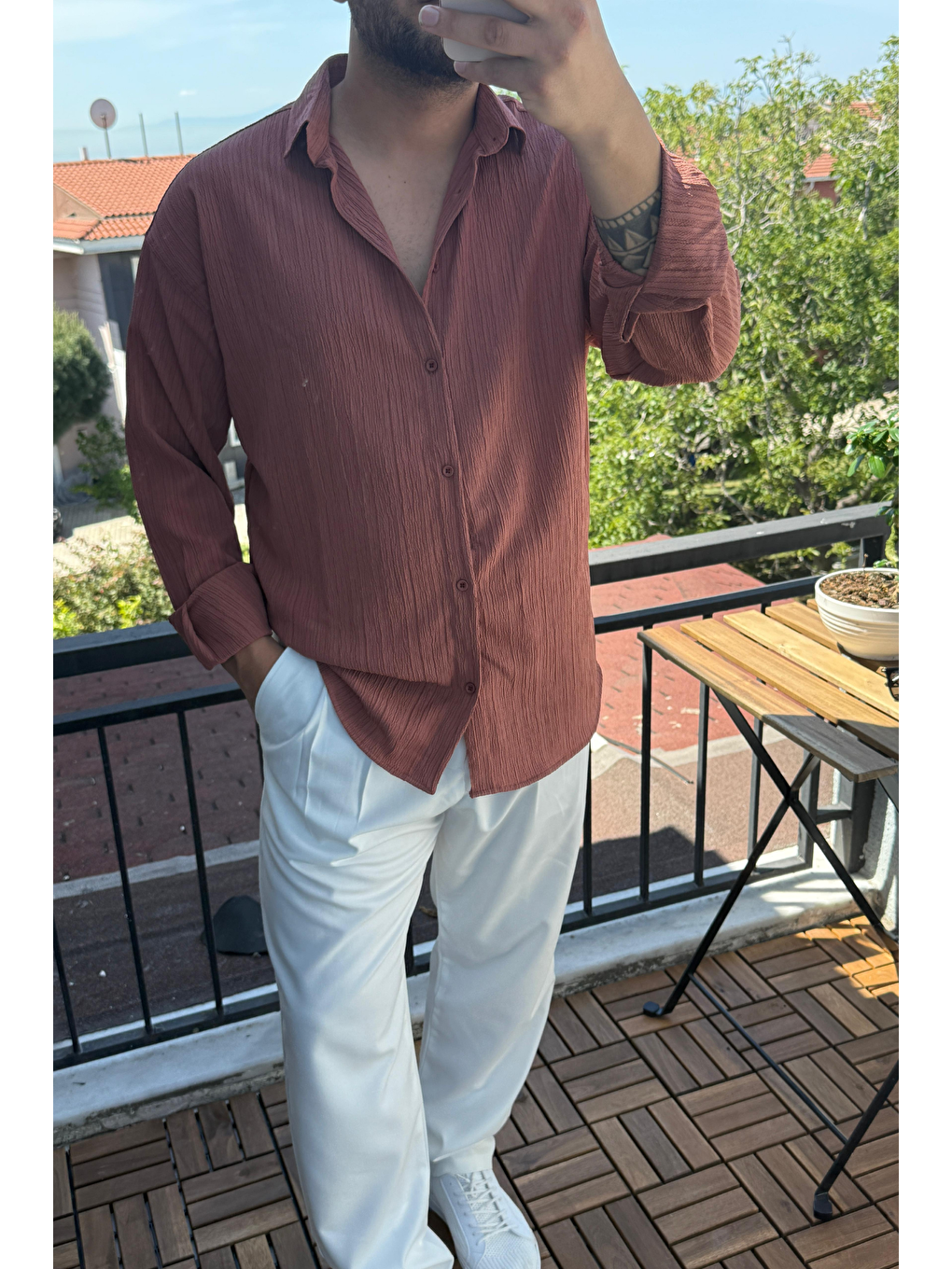 Kahverengi Tam Kalıp Bürümcük Kumaş Gömlek Zümrüt Kiremit-1