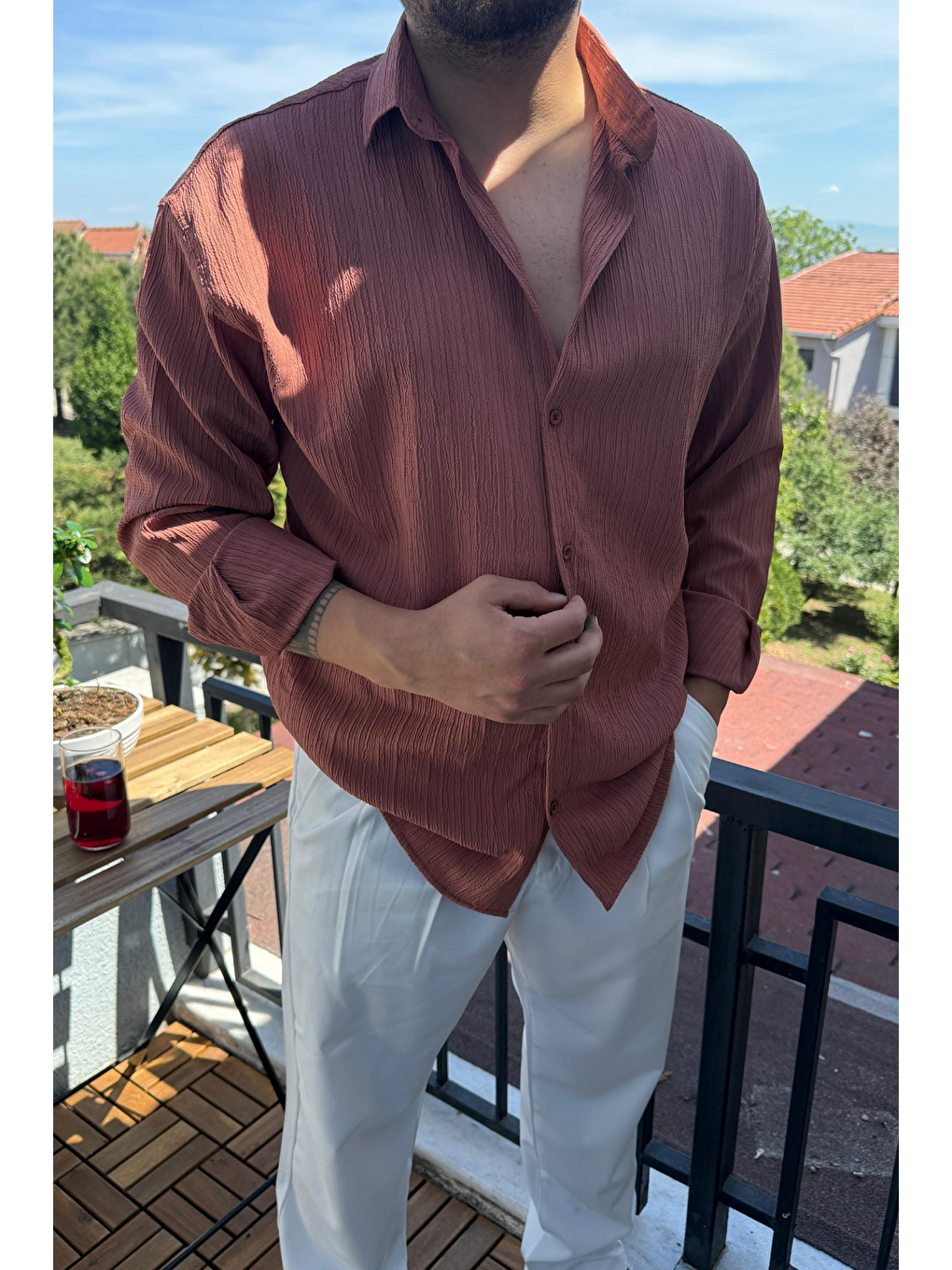 Kahverengi Tam Kalıp Bürümcük Kumaş Gömlek Zümrüt Kiremit-2