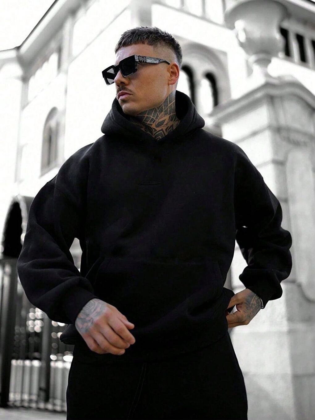 Erkek Siyah Bol Kalıp Sweatshirt Uzun Kollu Hoodie