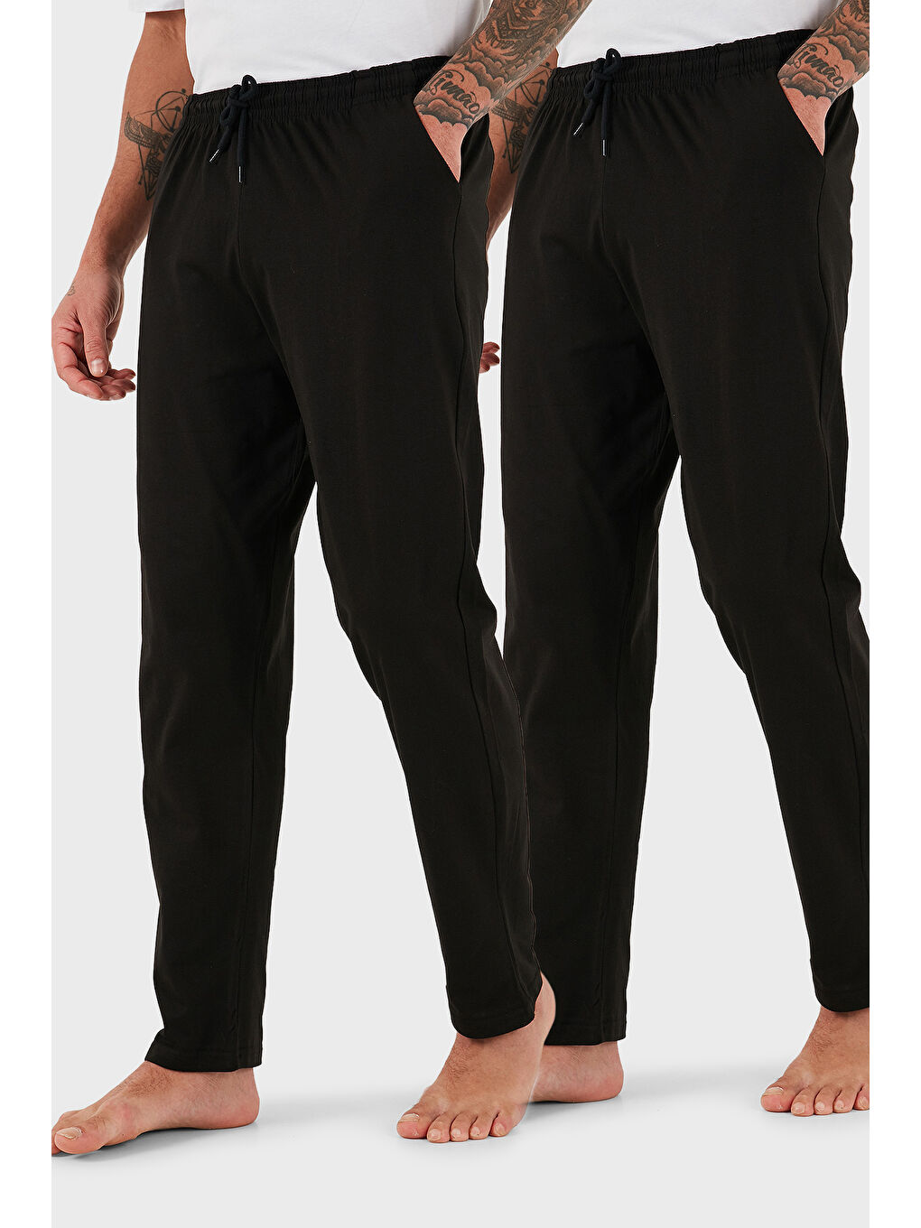 Siyah Pamuklu Regular Fit Normal Bel Düz Paça Cepli 2'li Paket %100 Pamuk Pijama Altı 6574003S2