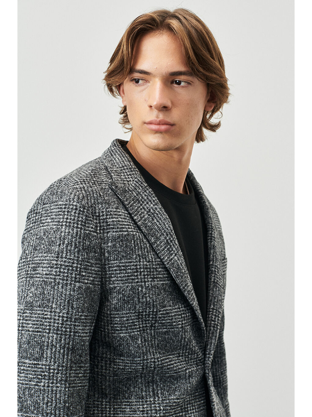 Erkek Siyah-Gri Slim Fit Dar Kesim Kırlanıgıç Yaka Ekose Desenli Yünlü Ceket-2