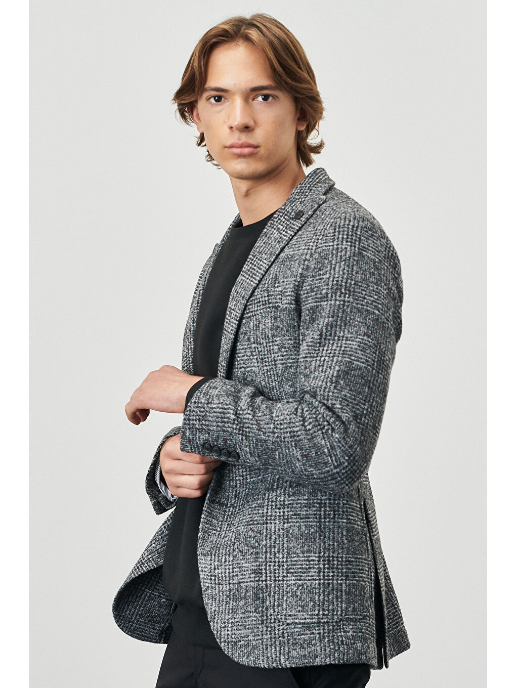 Erkek Siyah-Gri Slim Fit Dar Kesim Kırlanıgıç Yaka Ekose Desenli Yünlü Ceket-3