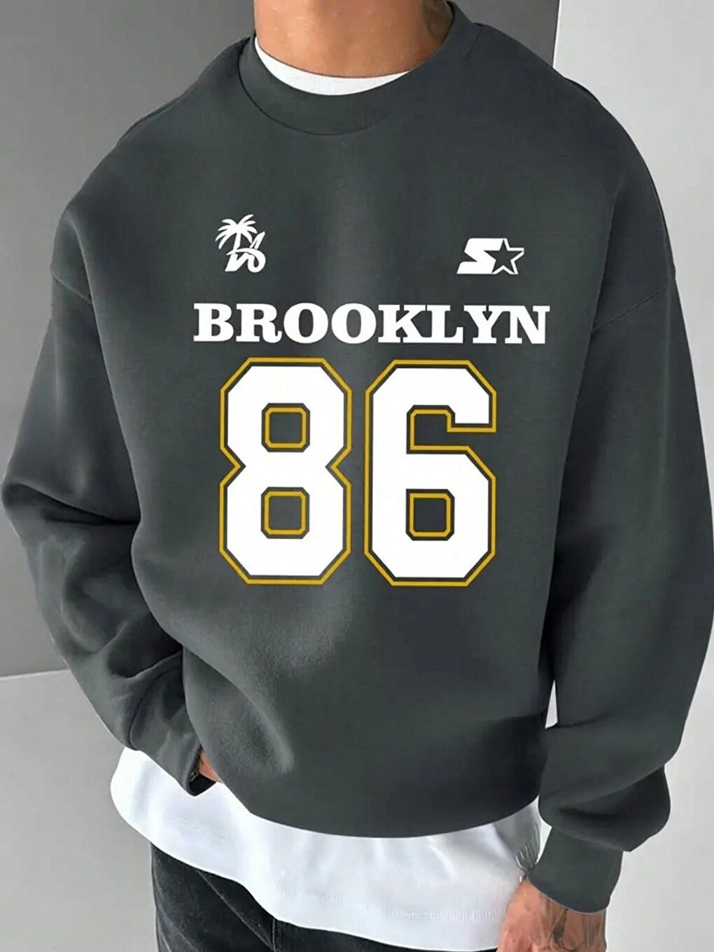 Gri Erkek Füme 86 Special Baskılı Oversize Bisiklet Yaka Uzun Kollu Sweatshirt