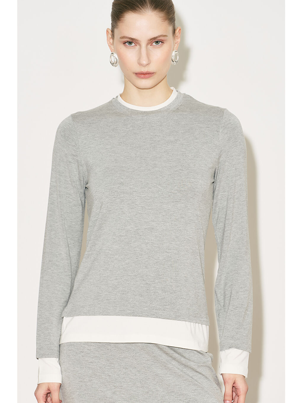 Easy Kontrast Uzun Kol Bluz Gri Melanj-3