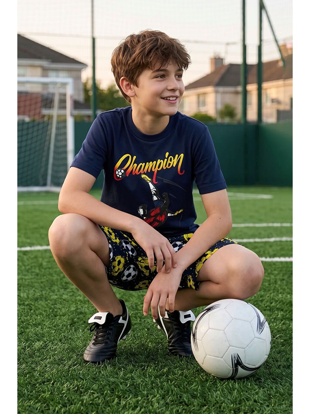 Sarı Erkek Çocuk Champion Futbol Baskılı Şort Alt - Üst Takım-2