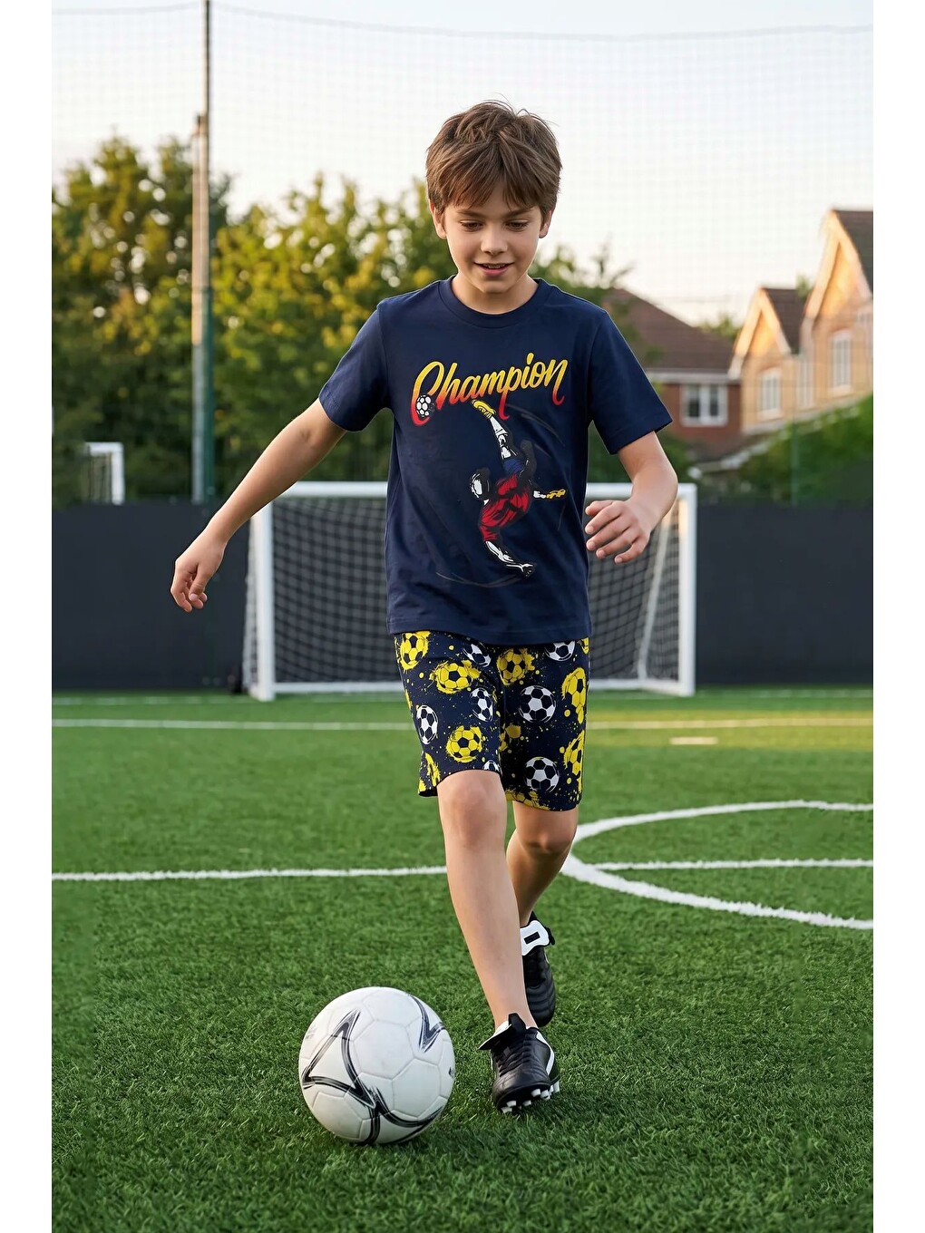 Sarı Erkek Çocuk Champion Futbol Baskılı Şort Alt - Üst Takım-3