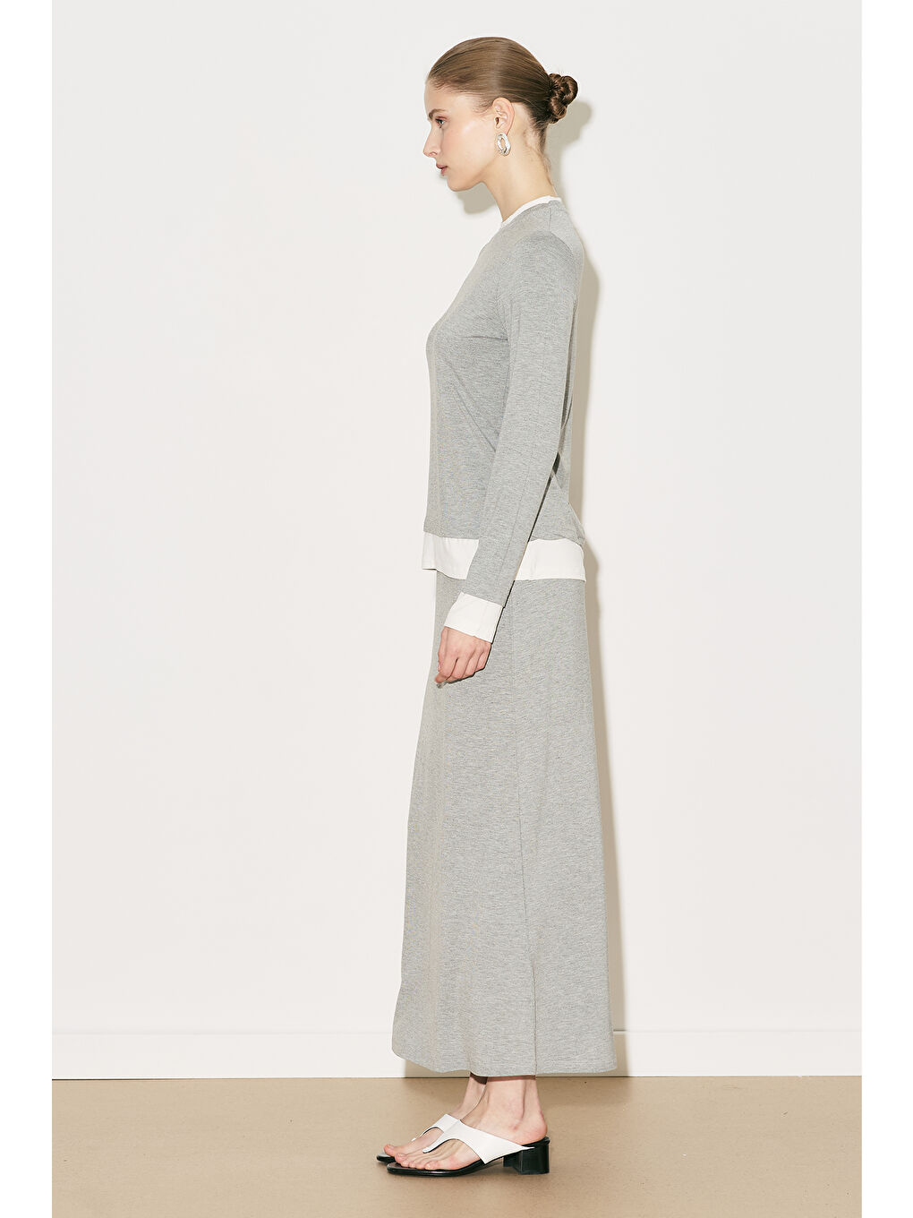 Easy Kontrast Uzun Kol Bluz Gri Melanj-4