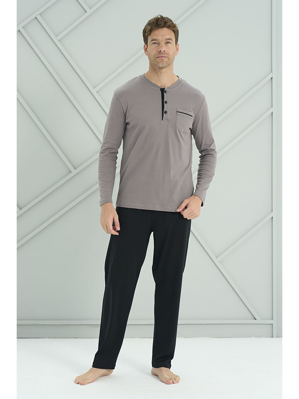 Erkek Interlok Penye Uzun Kol Pijama Takımı 2205 Gri01-2