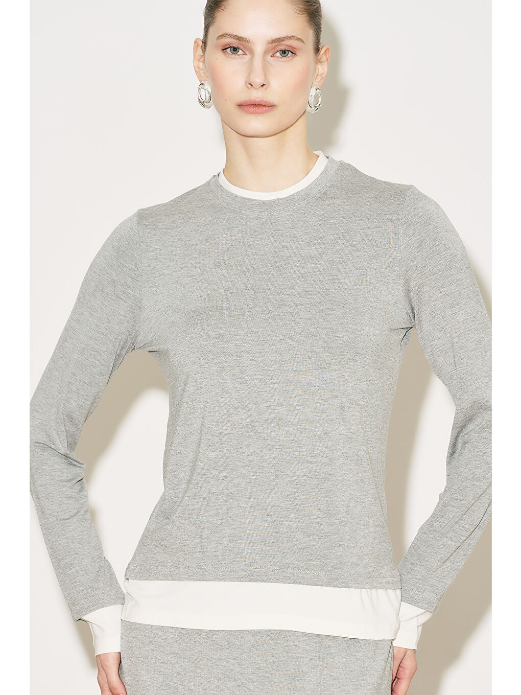 Easy Kontrast Uzun Kol Bluz Gri Melanj-5