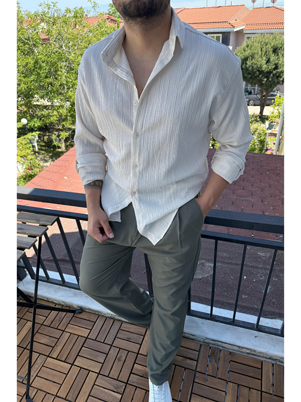 Tam Kalıp Bürümcük Kumaş Gömlek Zümrüt Beyaz