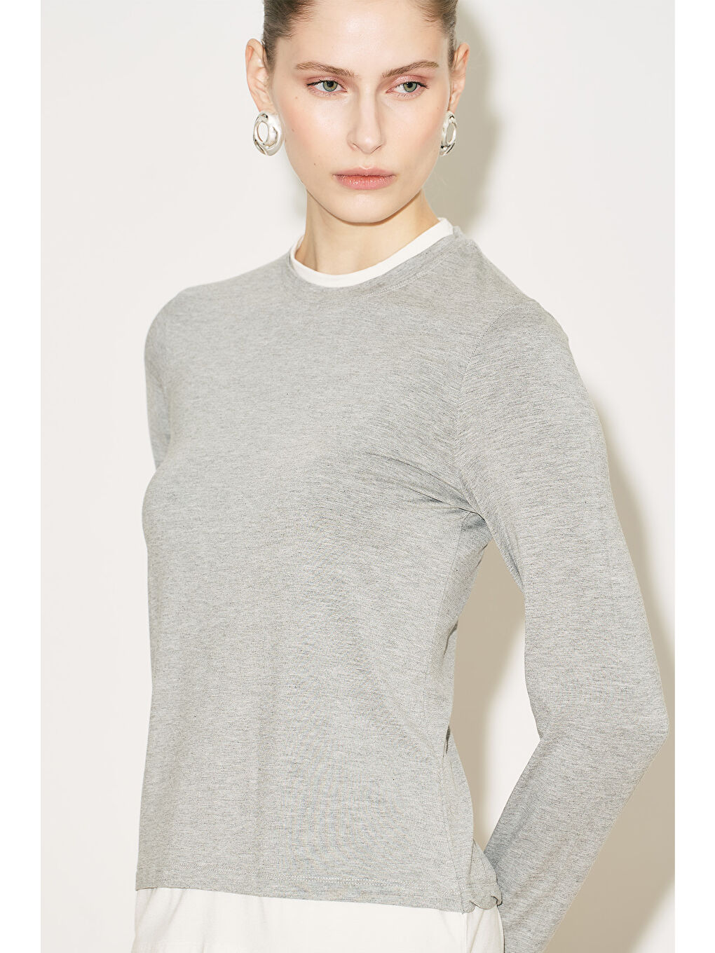 Easy Kontrast Uzun Kol Bluz Gri Melanj-6