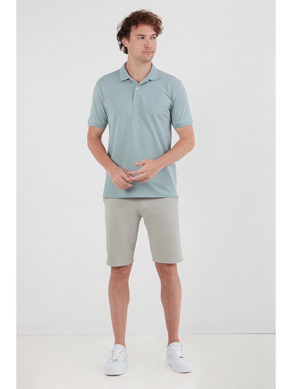 Yeşil Basic Polo Yaka Yarım Düğmeli Tişört-1