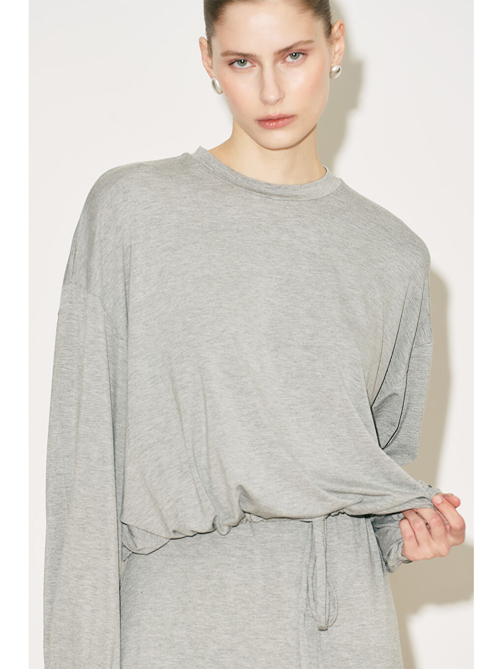 Easy Balon Kol Ayarlamalı Bluz Gri Melanj