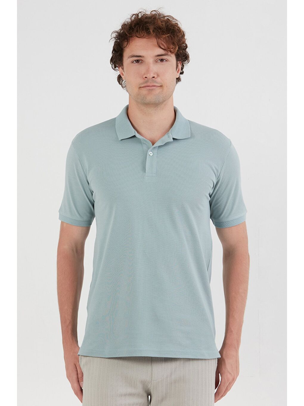 Yeşil Basic Polo Yaka Yarım Düğmeli Tişört-4