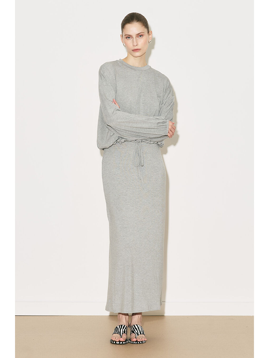 Easy Balon Kol Ayarlamalı Bluz Gri Melanj-2