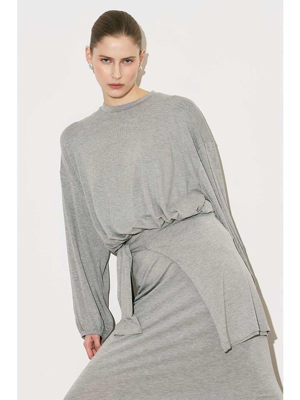 Easy Balon Kol Ayarlamalı Bluz Gri Melanj-3