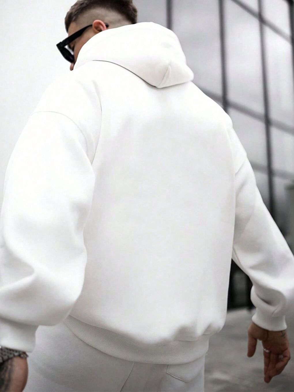 Erkek Beyaz Bol Kalıp Sweatshirt Uzun Kollu Hoodie-1