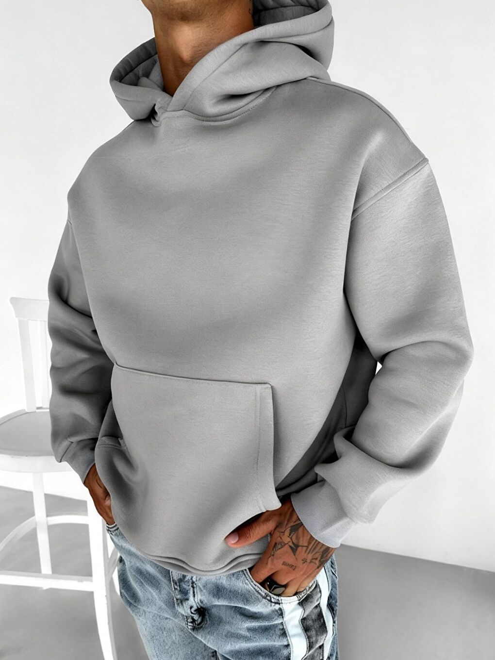 Gri Erkek Füme Bol Kalıp Sweatshirt Uzun Kollu Hoodie