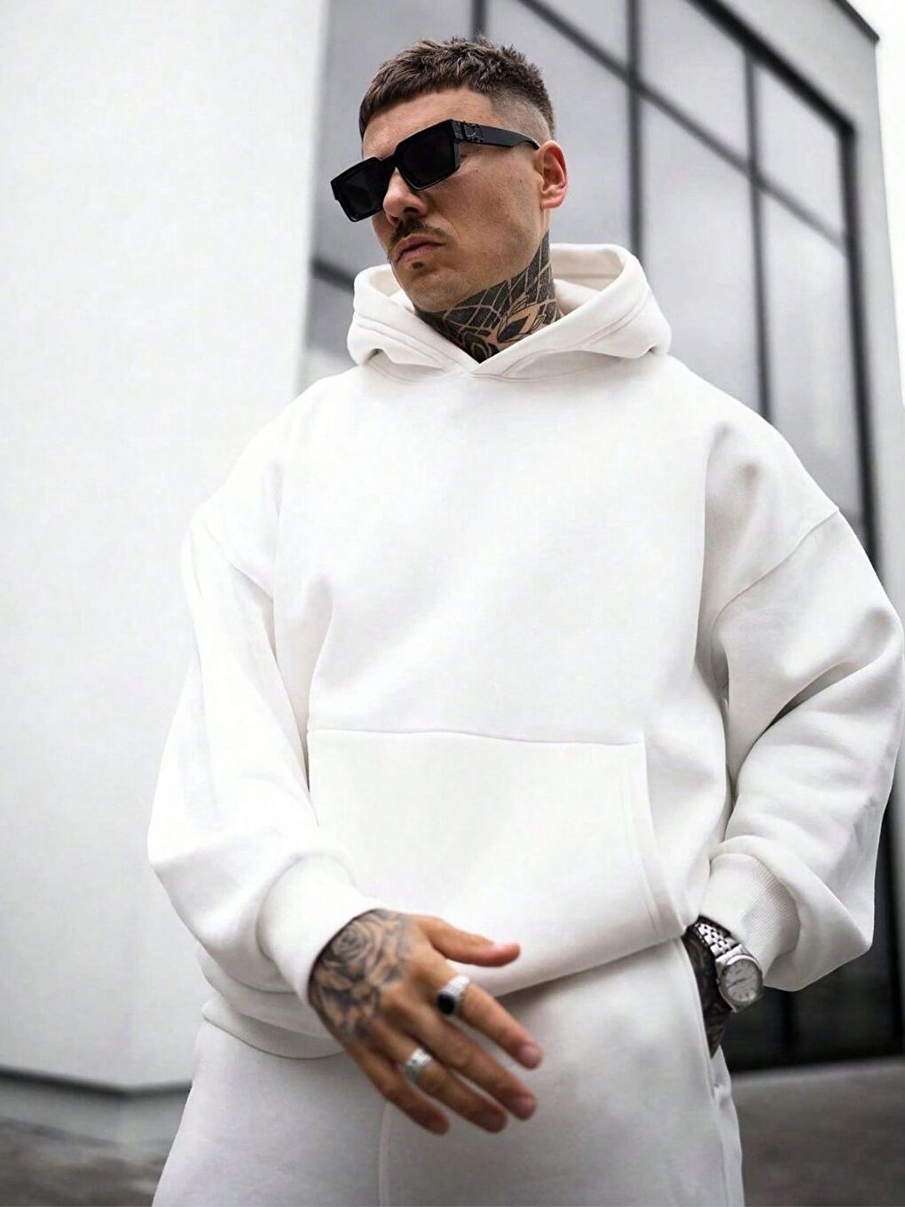 Erkek Beyaz Bol Kalıp Sweatshirt Uzun Kollu Hoodie-2