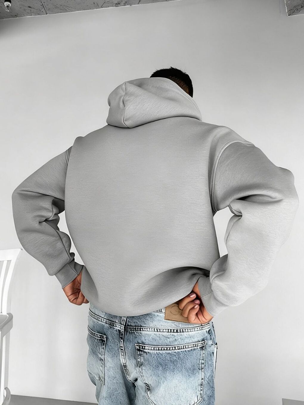 Gri Erkek Füme Bol Kalıp Sweatshirt Uzun Kollu Hoodie-1