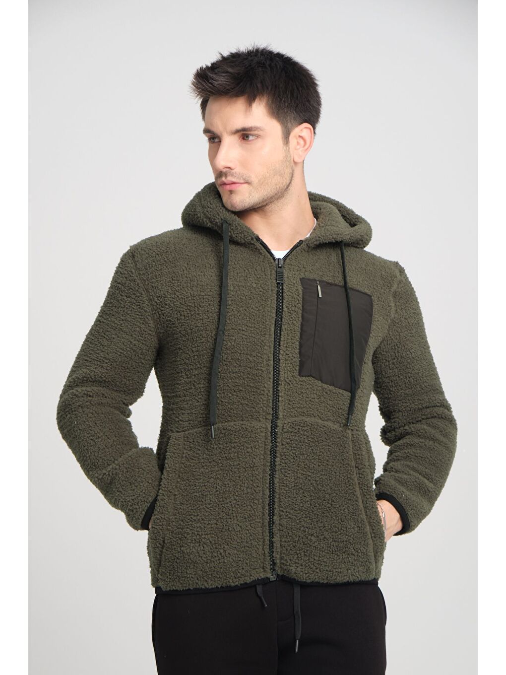 Haki Fermuarlı Kapüşonlu Pelüş Sweatshirt