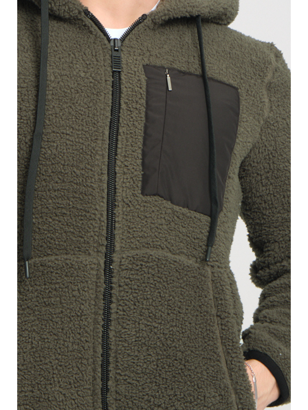 Haki Fermuarlı Kapüşonlu Pelüş Sweatshirt-1