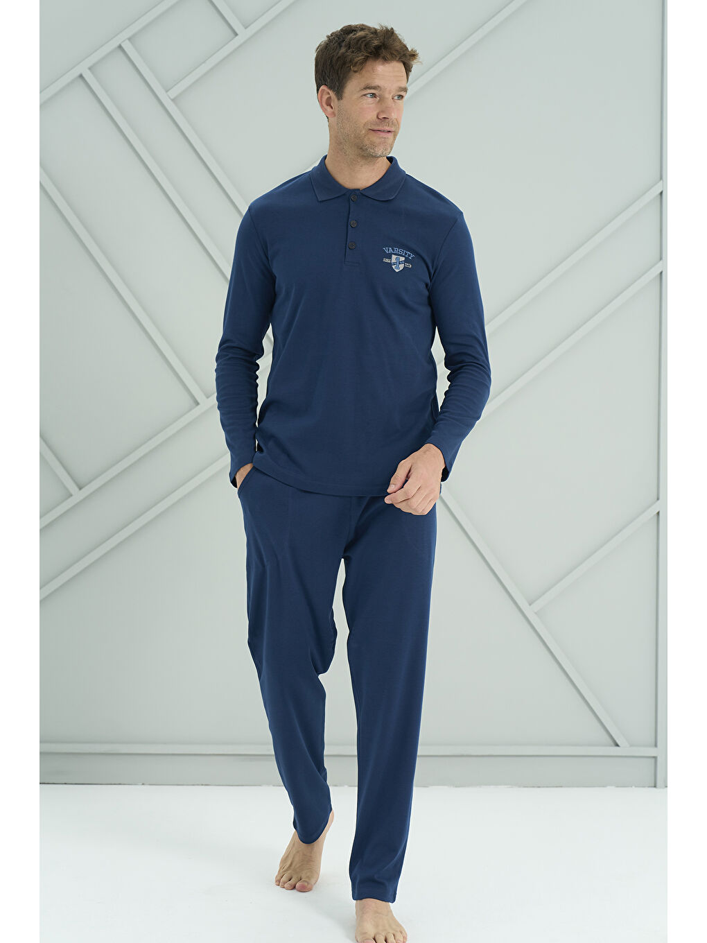 Erkek Interlok Penye Uzun Kol Pijama Takımı 2206 Açık Lacivert-1