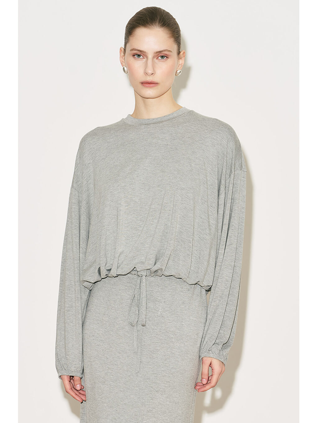 Easy Balon Kol Ayarlamalı Bluz Gri Melanj-9