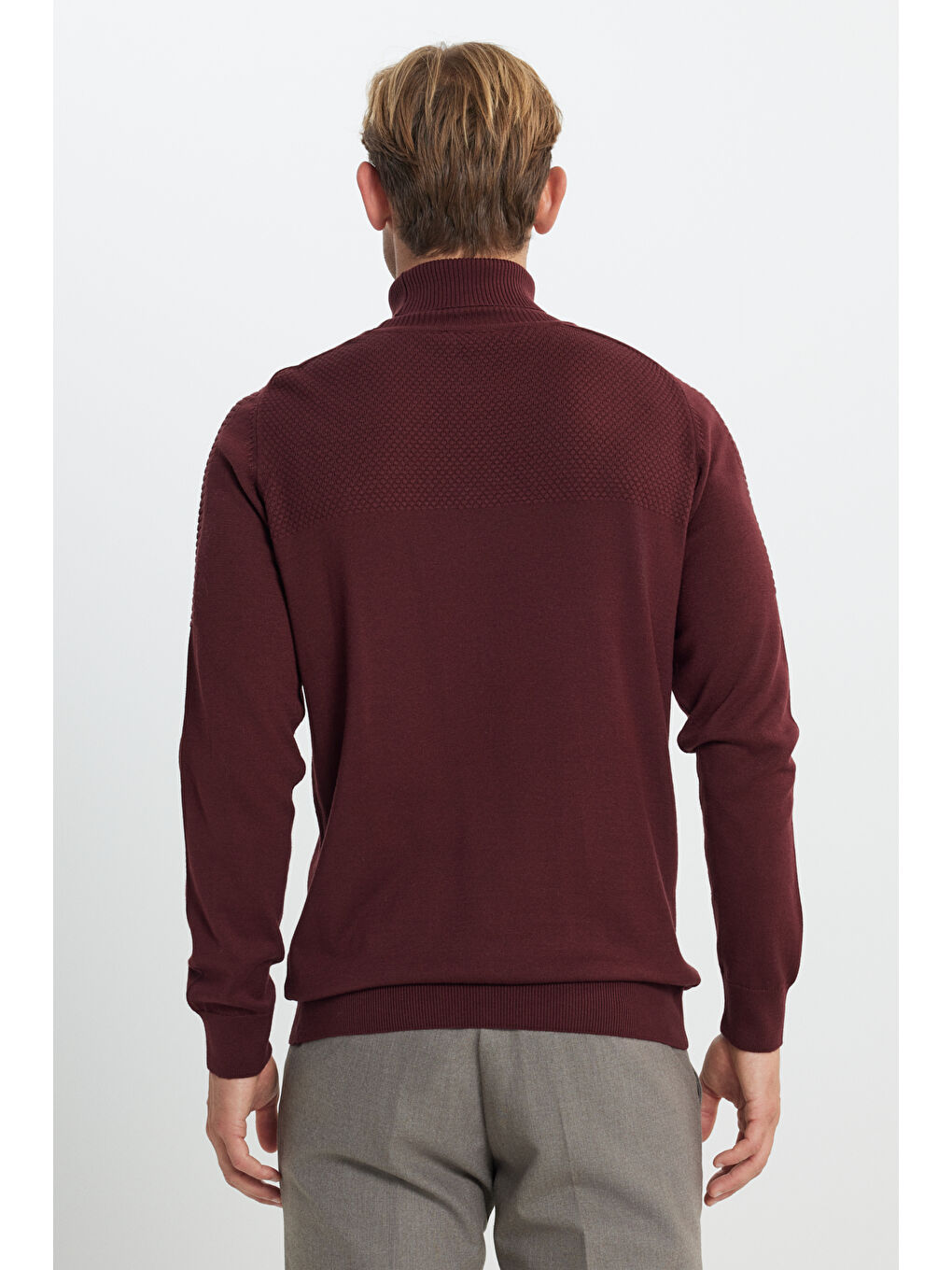 Erkek Bordo Pamuklu Standart Fit Normal Kesim Tam Balıkçı Yaka Jakarlı Triko Kazak-4