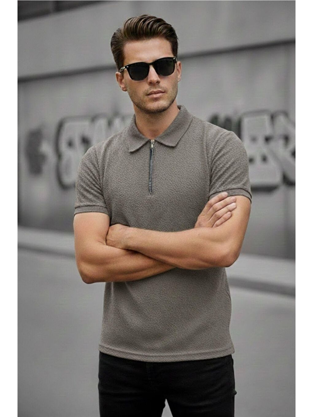 Yeşil Robb Erkek Yarım Fermuarlı Dokulu Polo Yaka Kısa Kollu Slim Fit Tişört