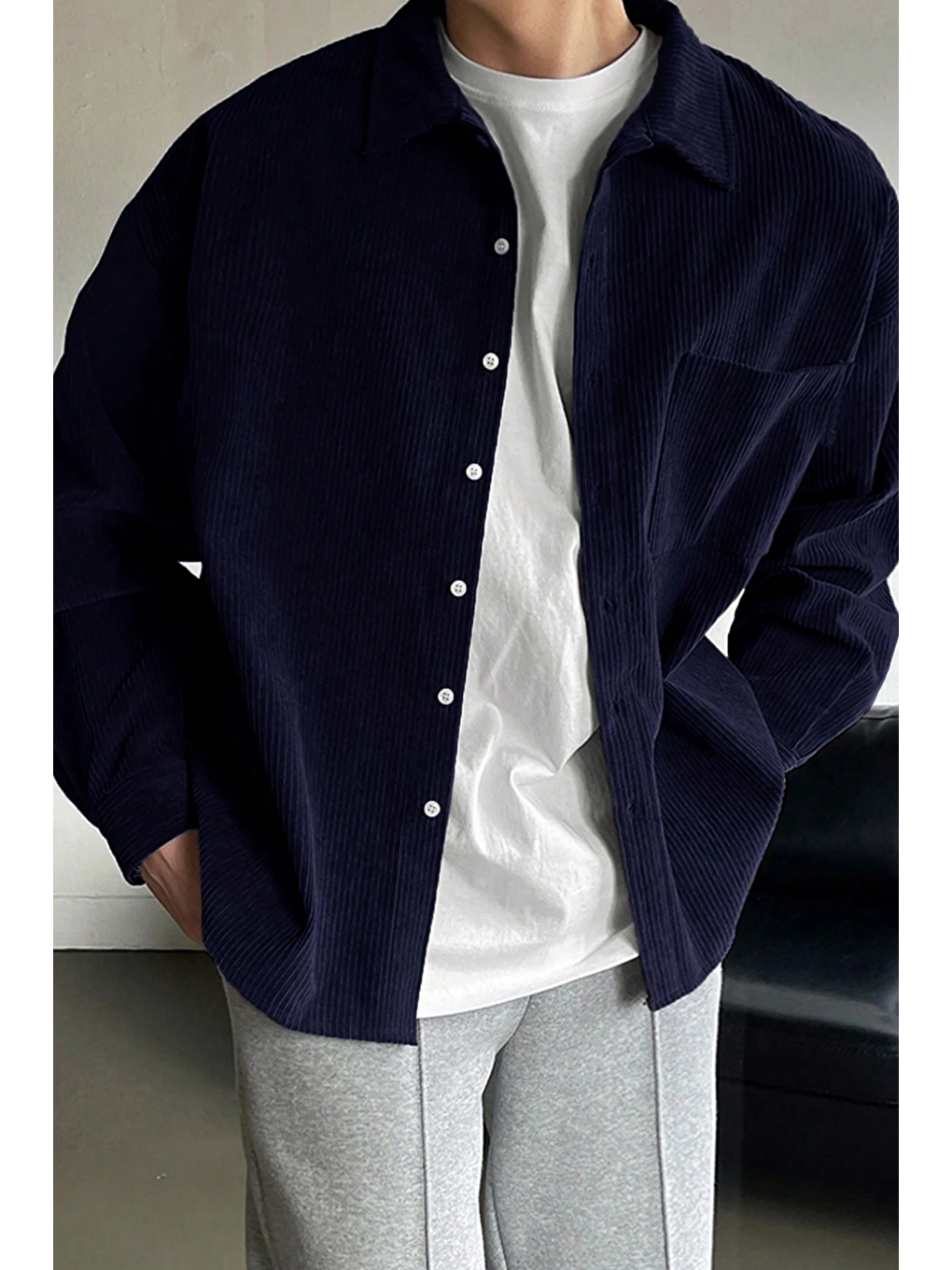 Lacivert Erkek Gömlek Fitilli Kadife Oversize Gömlek Yaka Cepli Uzun Kollu Ceket Gömlek-1