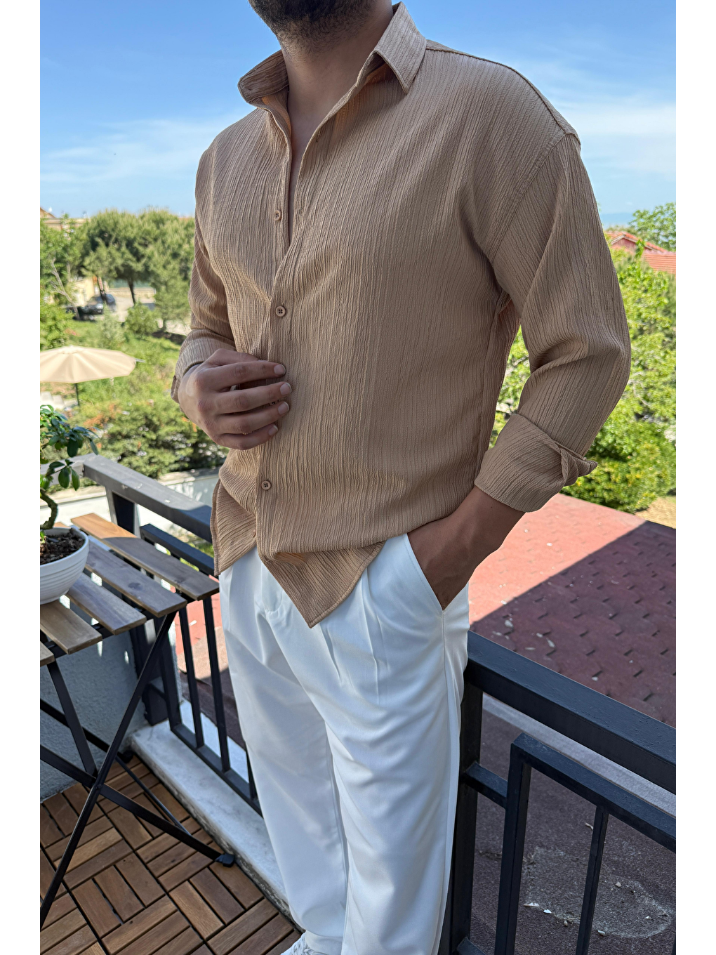 Bej Tam Kalıp Bürümcük Kumaş Gömlek Zümrüt Vizon-1