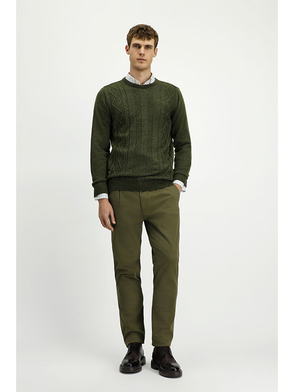 Haki Bisiklet Yaka Regular Fit Desenli Triko Kazak-1