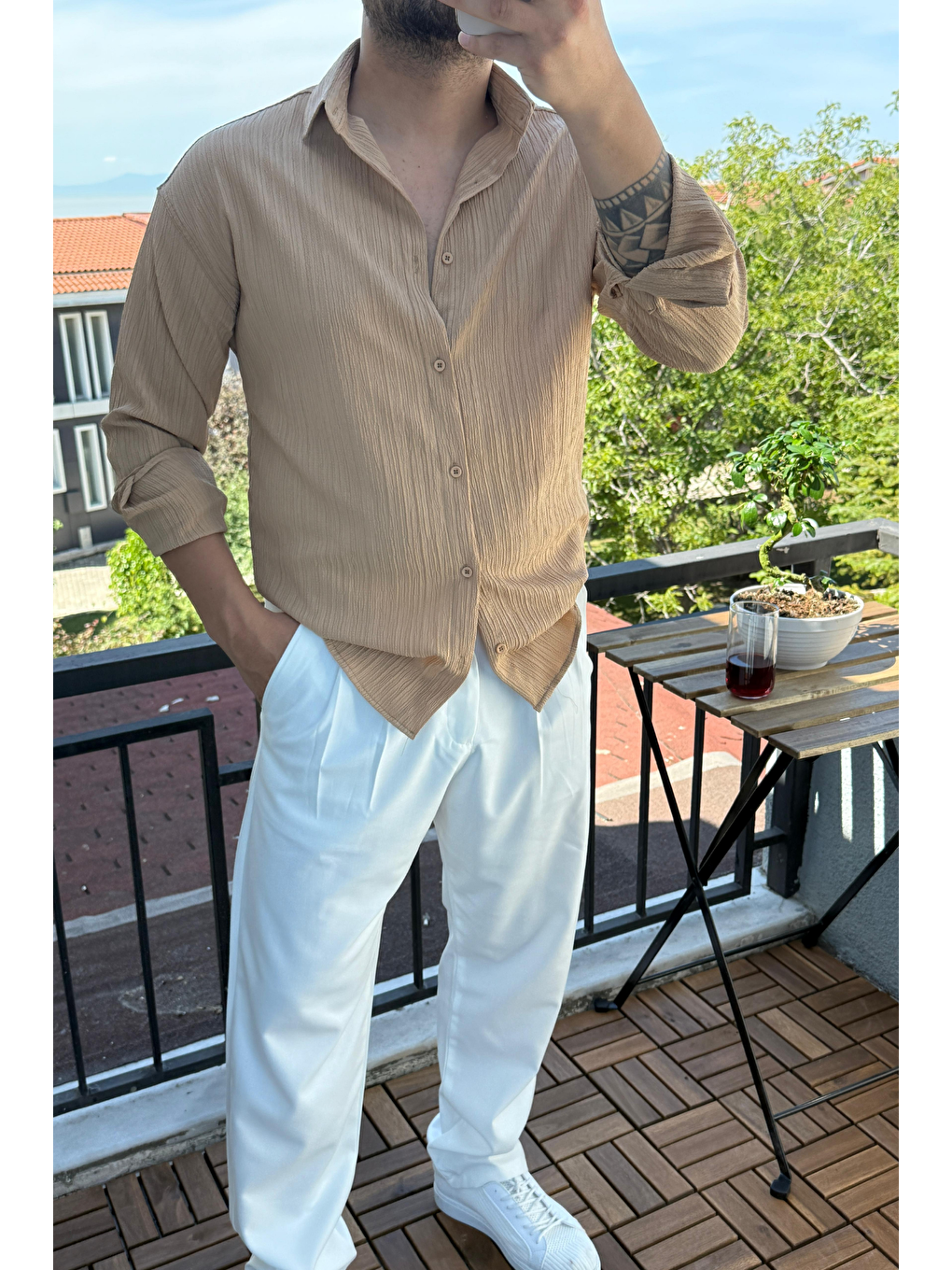 Bej Tam Kalıp Bürümcük Kumaş Gömlek Zümrüt Vizon-2