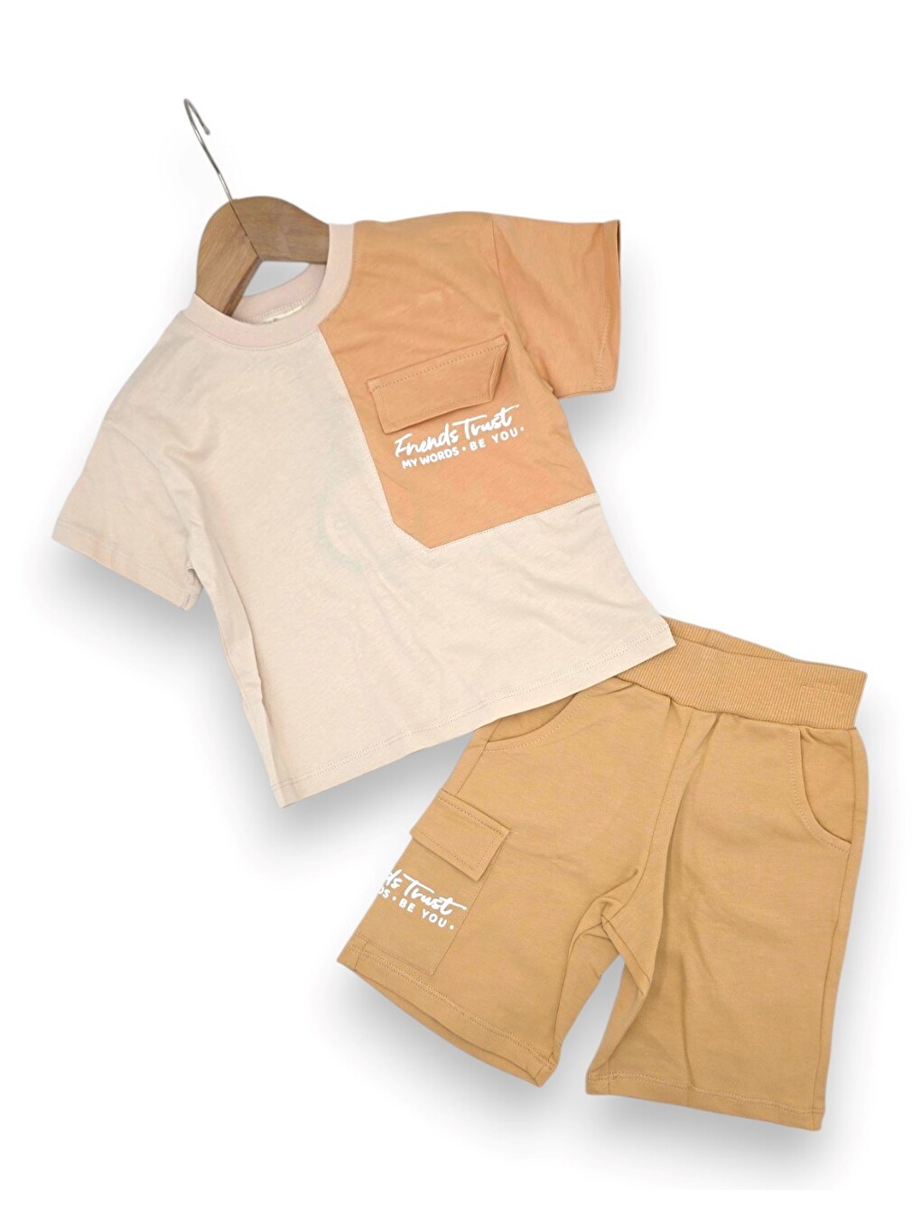 Bej Erkek Çocuk Yazlık Cep Detaylı T-shirt Şort 2'li Alt Üst Takım-2