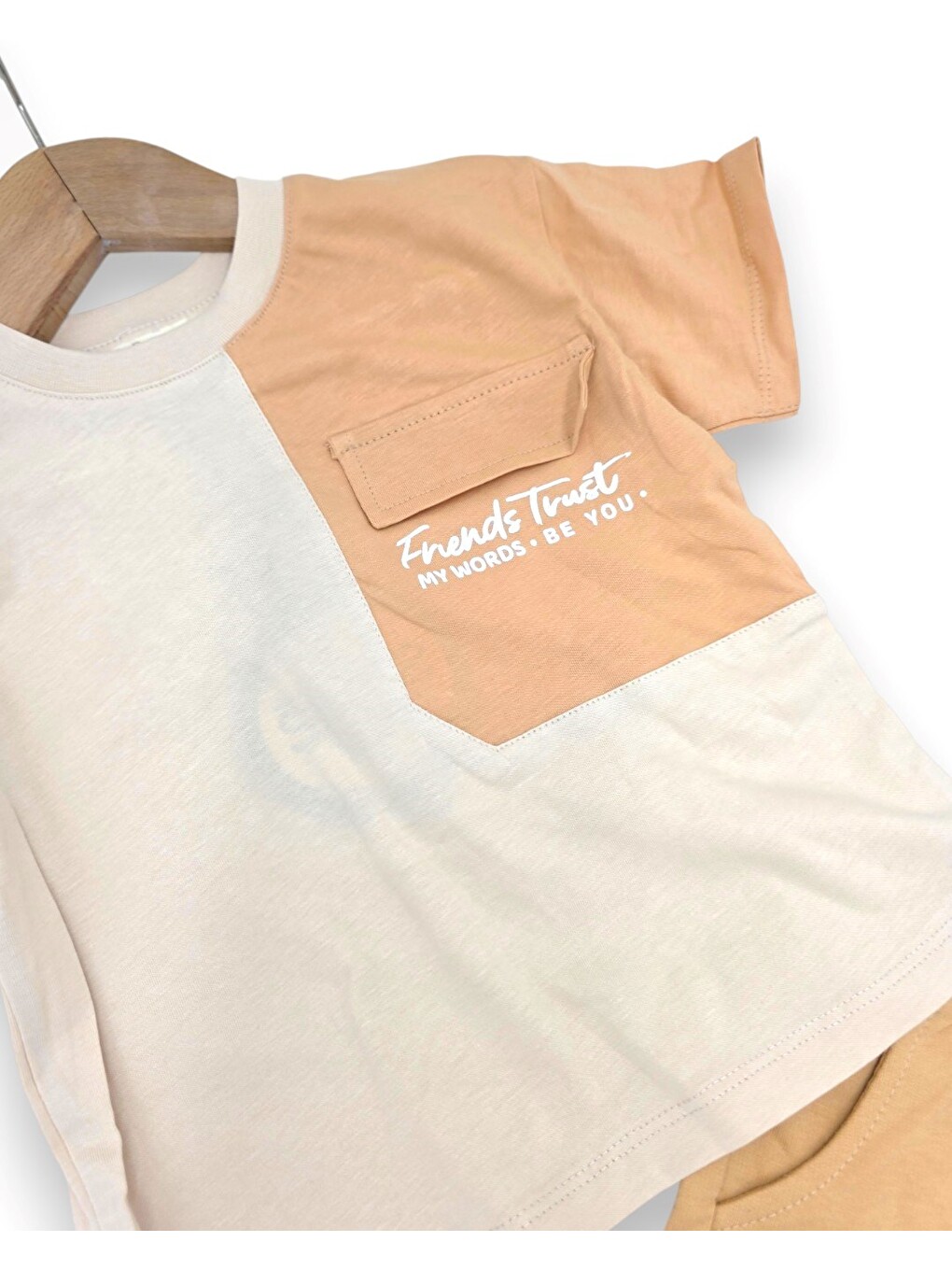 Bej Erkek Çocuk Yazlık Cep Detaylı T-shirt Şort 2'li Alt Üst Takım-4