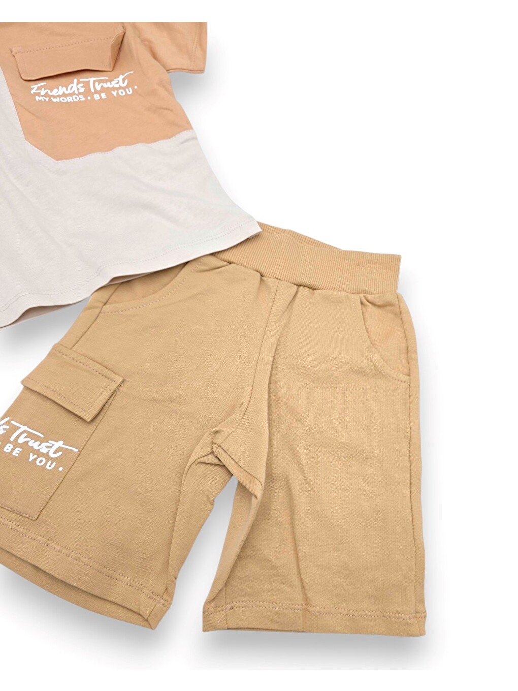 Bej Erkek Çocuk Yazlık Cep Detaylı T-shirt Şort 2'li Alt Üst Takım-6