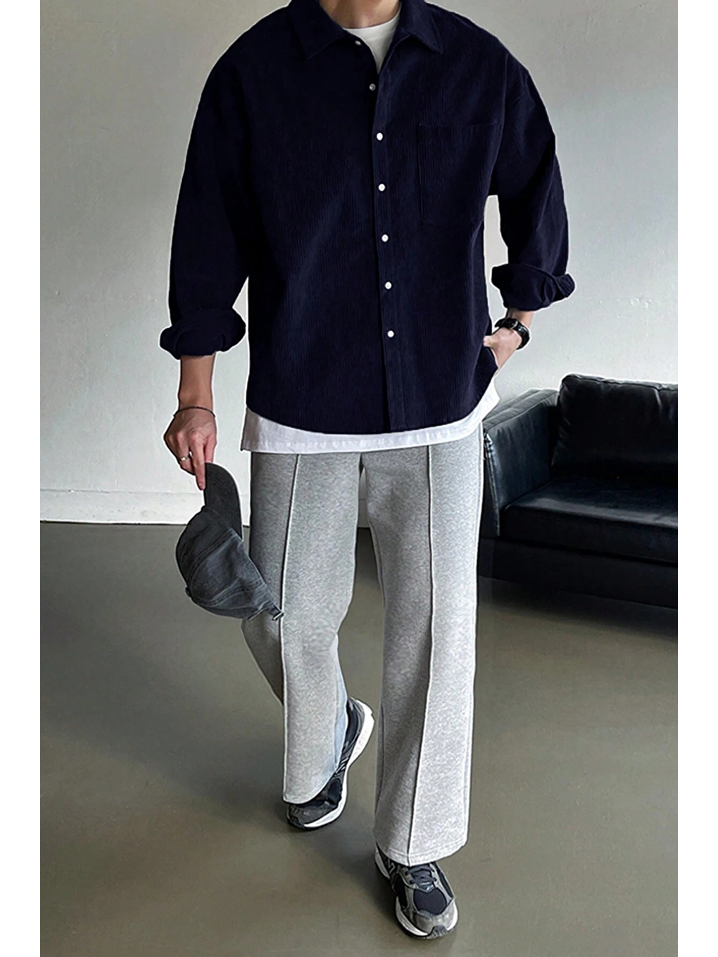 Lacivert Erkek Gömlek Fitilli Kadife Oversize Gömlek Yaka Cepli Uzun Kollu Ceket Gömlek-3